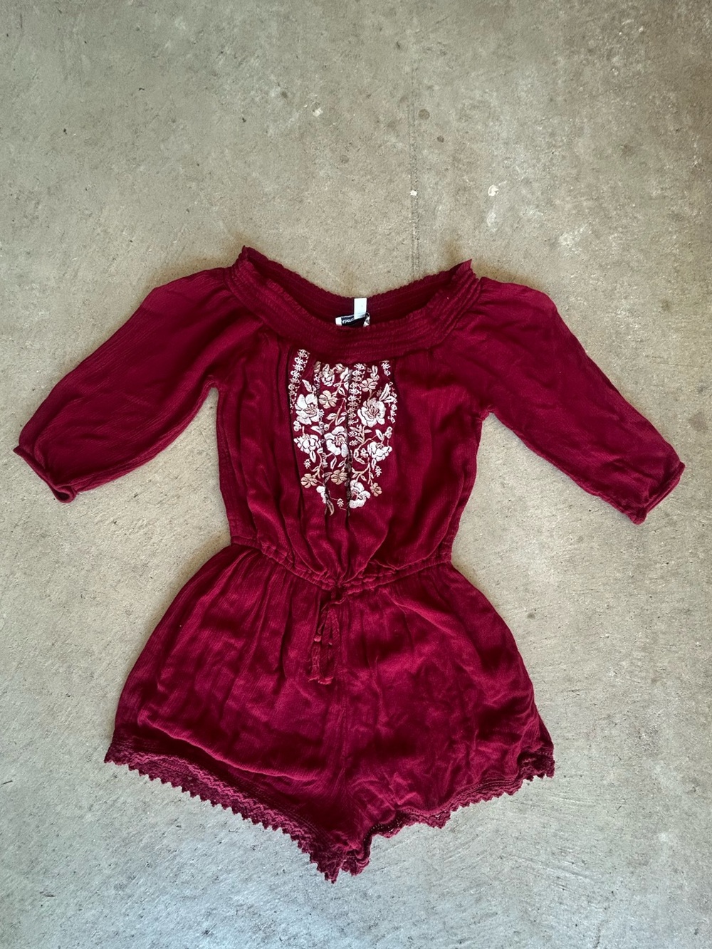 Abercrombie & Fitch Burgundy Embroidered Off-Shoulder Romper